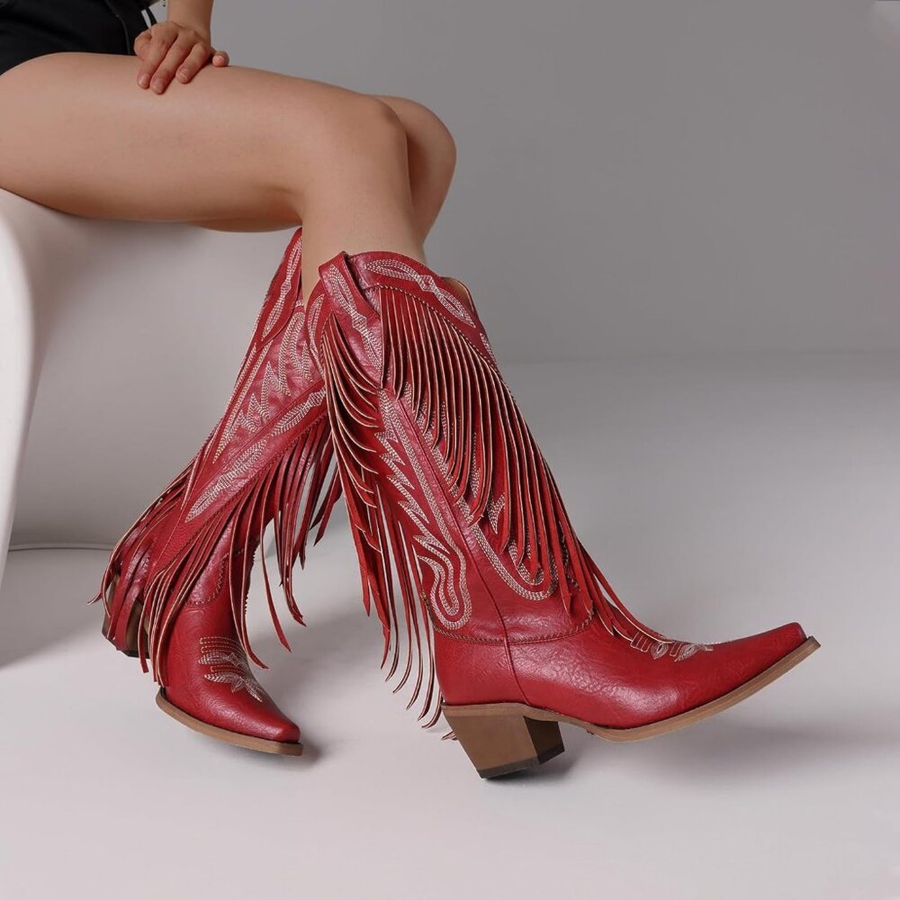 Women's Red Fringe Knee High Cowgirl Western Boots with Embroidery Pointed Toe - Picture 3 of 6